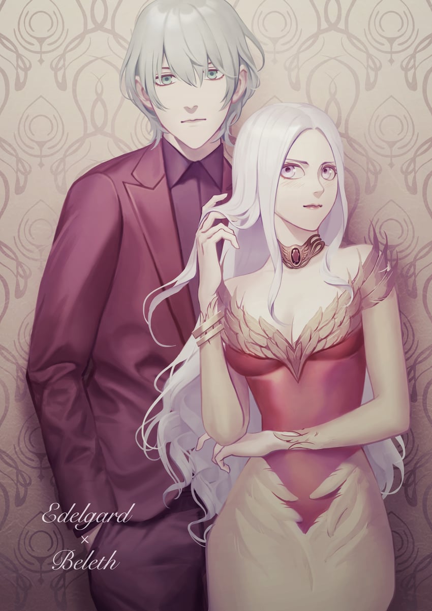 edelgard von hresvelg and male byleth (fire emblem and 1 more) drawn by piyosko