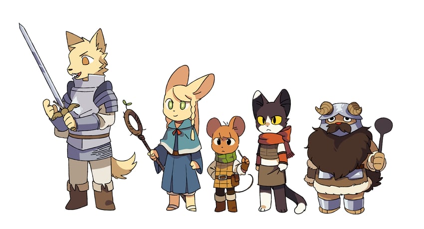 marcille donato, laios touden, senshi, chilchuck tims, izutsumi, and 1 more (dungeon meshi) drawn by rehtaef