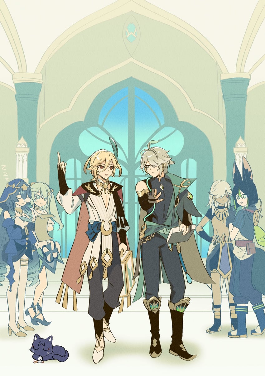 wanderer, alhaitham, tighnari, kaveh, cyno, and 3 more (genshin impact and 1 more) drawn by taosheng