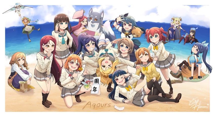watanabe you, tsushima yoshiko, sakurauchi riko, takami chika, matsuura kanan, and 14 more (love live! and 2 more) drawn by ska.harumi