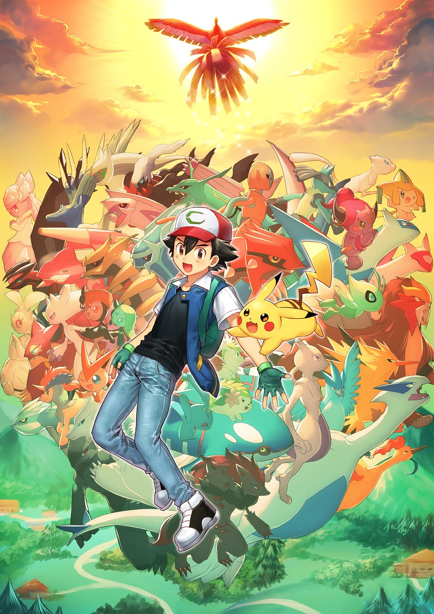 pikachu, ash ketchum, lucario, jirachi, mew, and 41 more (pokemon and 4 more) drawn by haneten_kagatsu