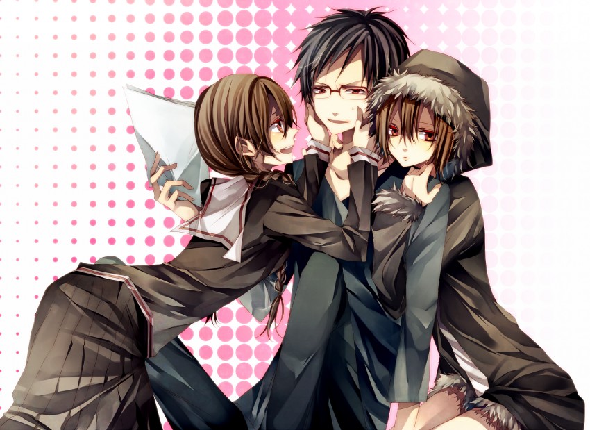 orihara izaya, orihara mairu, and orihara kururi (durarara!!) drawn by tsukioka_tsukiho