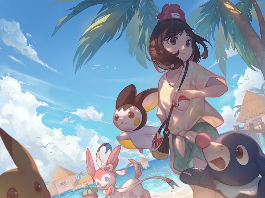 pikachu, selene, sylveon, popplio, wingull, and 2 more (pokemon and 1 more) drawn by zhutangyuan