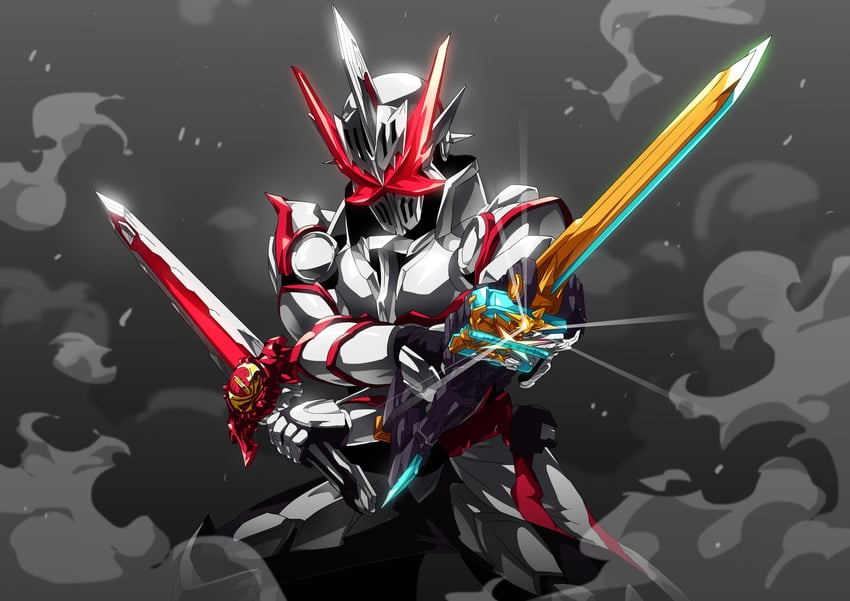 kamen rider saber, kamen rider saber draconic knight, and kamen rider saikou (kamen rider and 1 more) drawn by otokamu