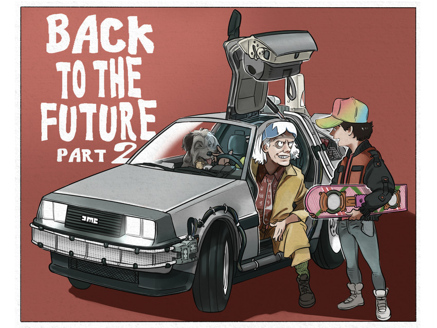 marty mcfly, emmett brown, and einstein (back to the future and 1 more) drawn by hamuji