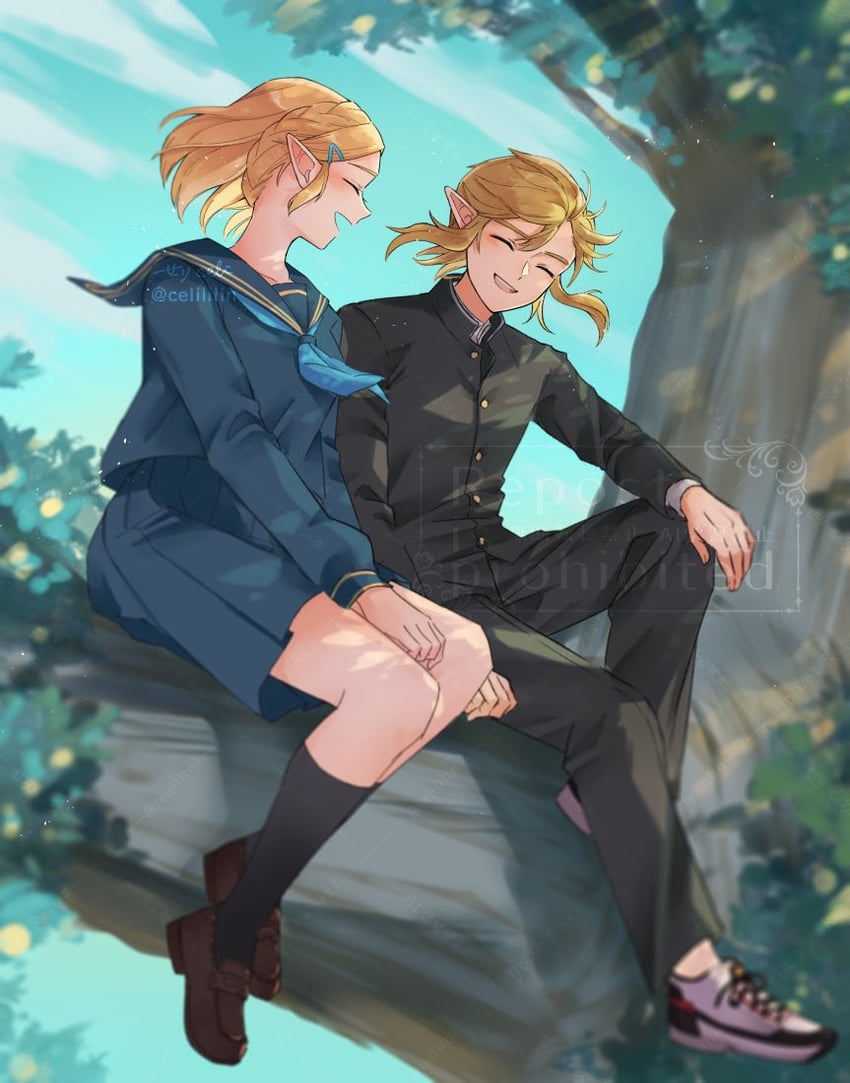 link and princess zelda (the legend of zelda and 1 more) drawn by seri_(yuukasakura)
