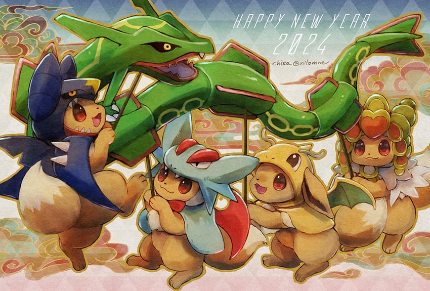 eevee, garchomp, dragonite, rayquaza, salamence, and 1 more (pokemon) drawn by momomo12