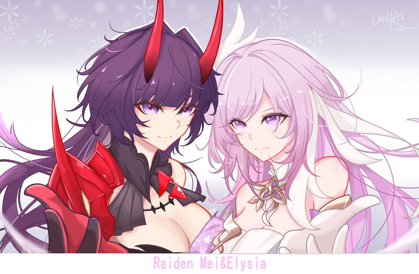 raiden mei and elysia (honkai and 1 more) drawn by wu_hai