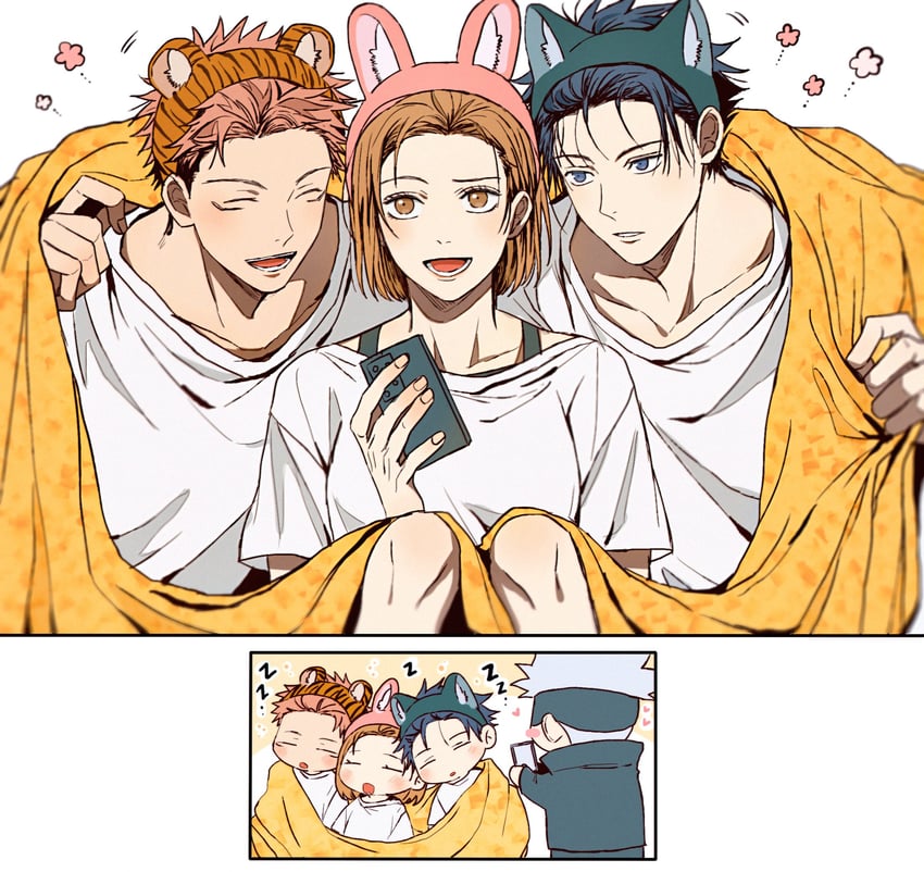 gojou satoru, itadori yuuji, fushiguro megumi, and kugisaki nobara (jujutsu kaisen) drawn by yoon_(dmsco1803)
