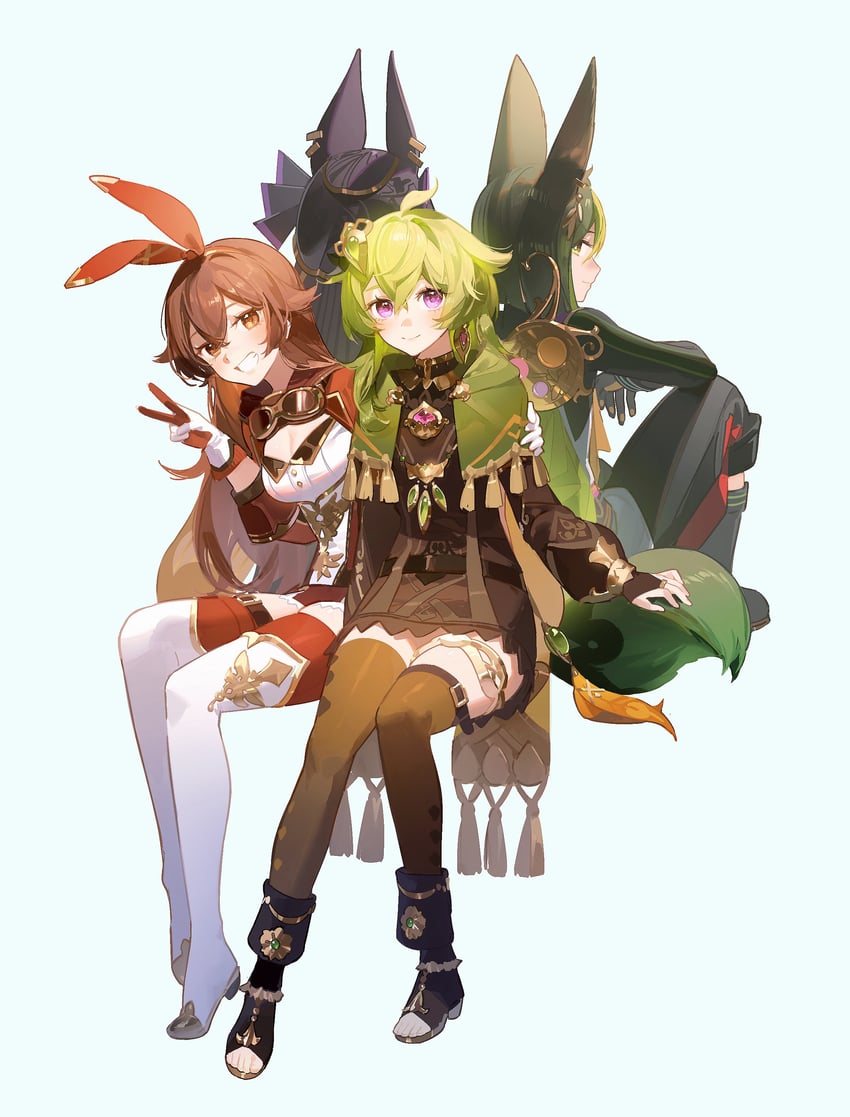 tighnari, cyno, collei, and amber (genshin impact) drawn by yurayura_(mdeh5447)