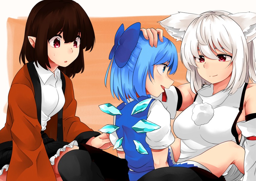cirno, shameimaru aya, and inubashiri momiji (touhou) drawn by shirokaba114