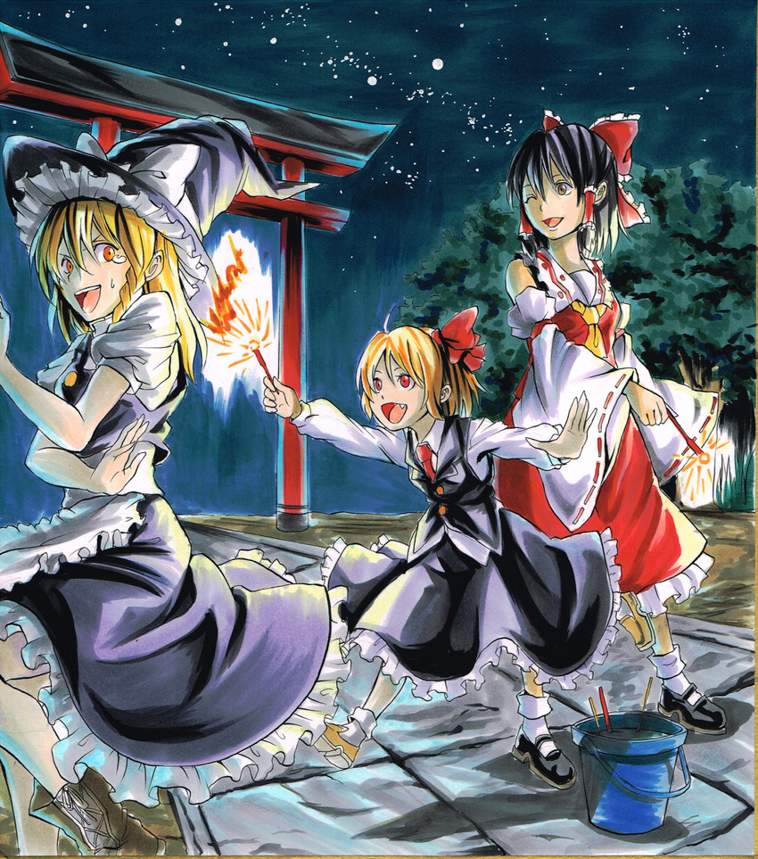 hakurei reimu, kirisame marisa, and rumia (touhou) drawn by koji_(koji-a)