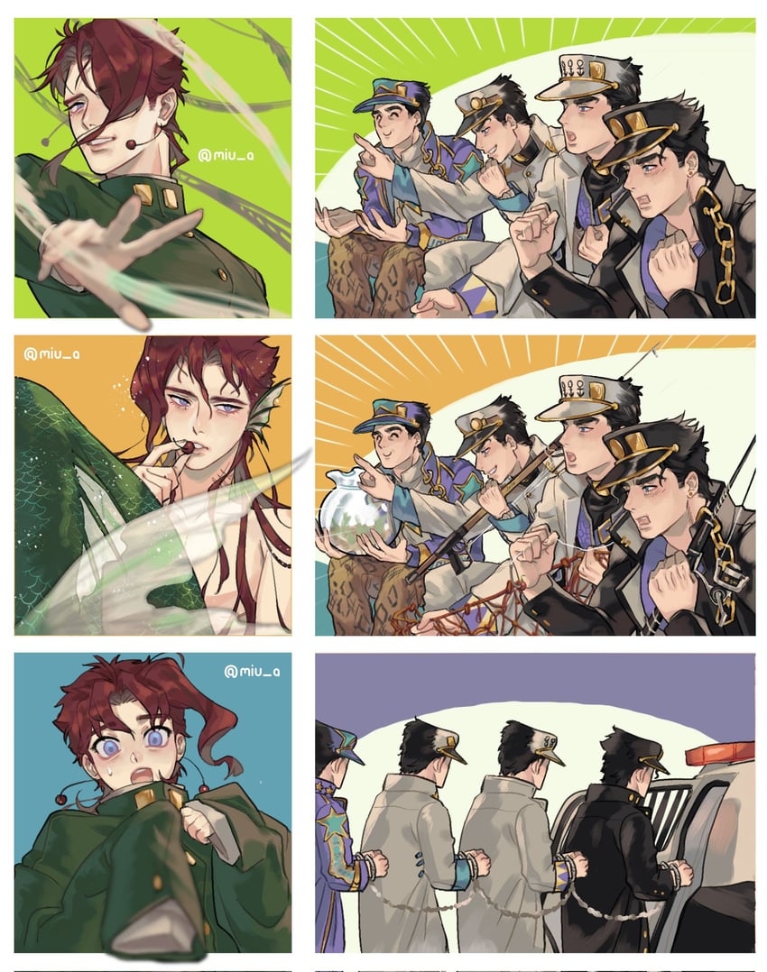 kujo jotaro and kakyoin noriaki (jojo no kimyou na bouken and 4 more) drawn by akira_yoru