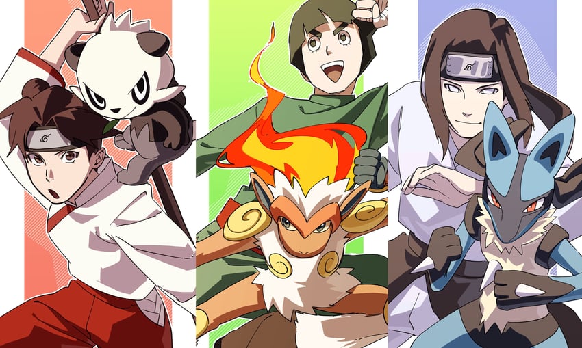lucario, tenten, infernape, pancham, rock lee, and 1 more (pokemon and 2 more) drawn by pnpk_1013
