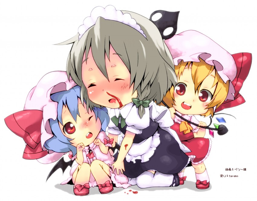 remilia scarlet, flandre scarlet, and izayoi sakuya (touhou) drawn by taramo