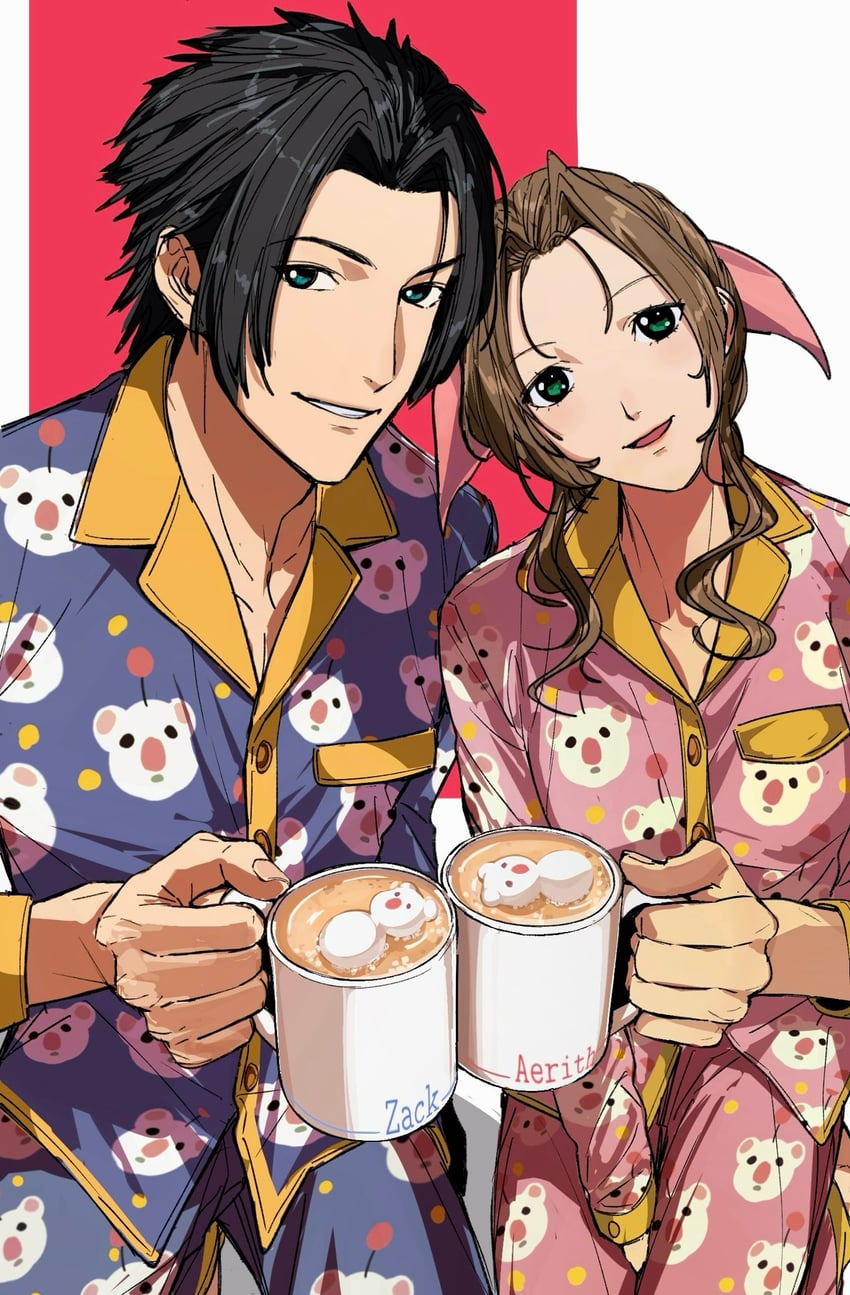 aerith gainsborough, zack fair, and moogle (final fantasy and 2 more) drawn by amikoiiko