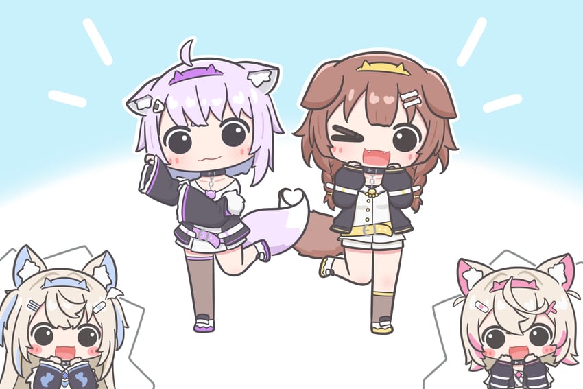 nekomata okayu, inugami korone, fuwawa abyssgard, and mococo abyssgard (hololive and 1 more) drawn by mpien