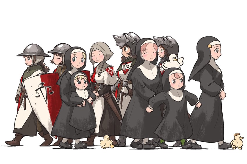 clumsy nun, froggy nun, strict nun, hungry nun, star nun, and 2 more (little nuns and 1 more) drawn by ironlily