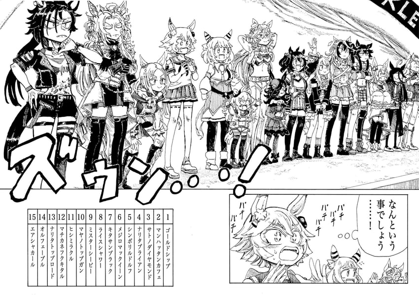 manhattan cafe, rice shower, mejiro mcqueen, gold ship, satono diamond, and 10 more (umamusume) drawn by morisshii_(morishiey)