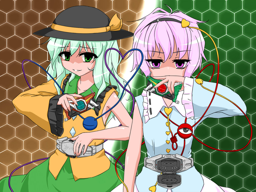 komeiji koishi, komeiji satori, kamen rider kick hopper, and kamen rider punch hopper (touhou and 2 more) drawn by tsukushi_(741789)