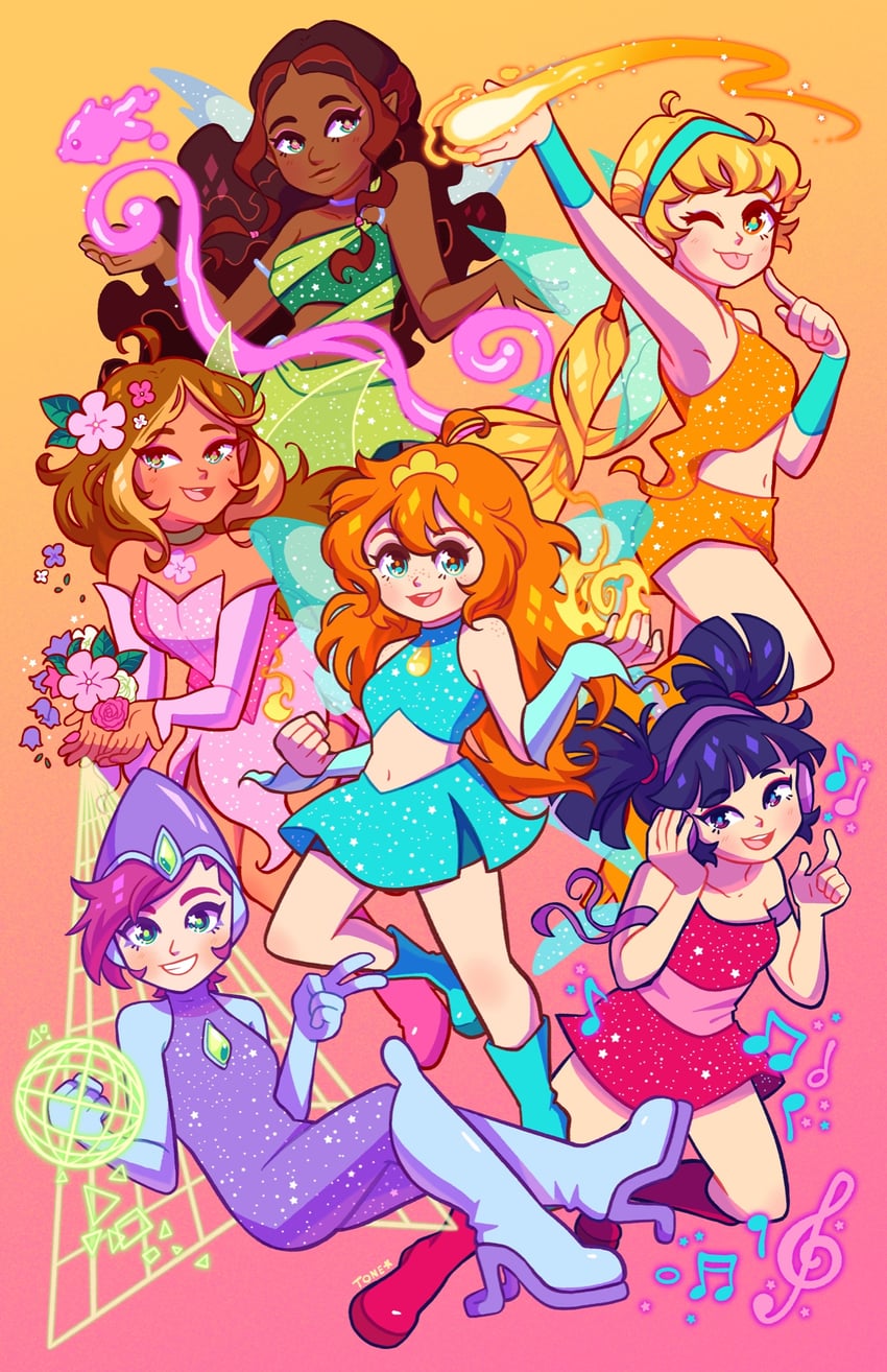 bloom, stella, flora, musa, tecna, and 1 more (winx club) drawn by tonestarr