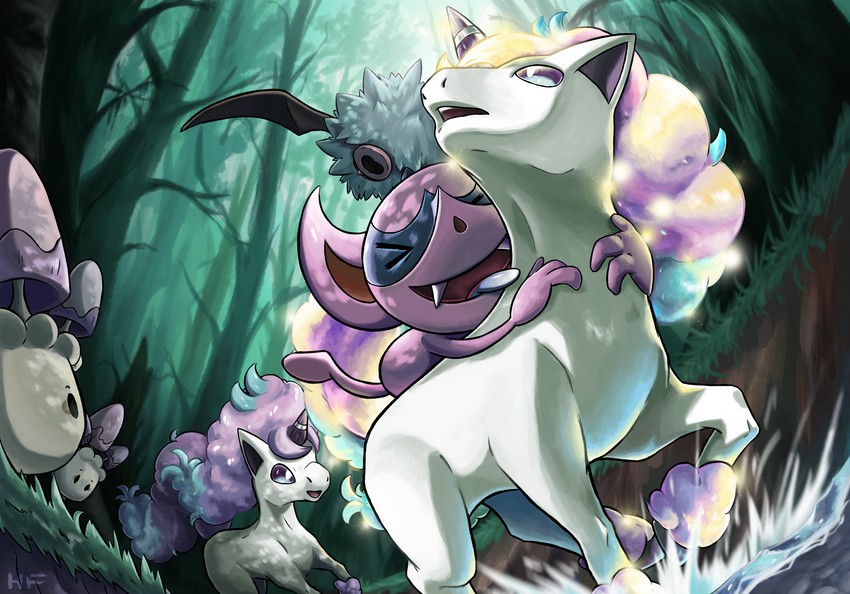 galarian ponyta, woobat, morelull, and impidimp (pokemon) drawn by hftran1203
