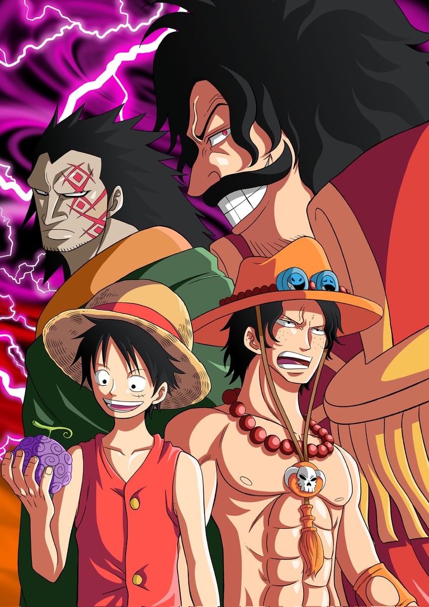 monkey d. luffy, portgas d. ace, gol d. roger, and monkey d. dragon (one piece) drawn by theonenimbus