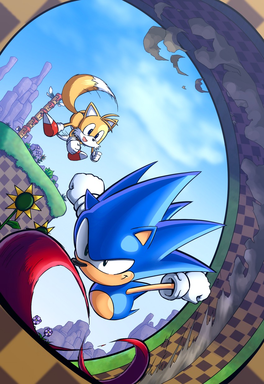 sonic the hedgehog, tails, classic sonic, and classic tails (sonic and 1 more) drawn by banel_springer