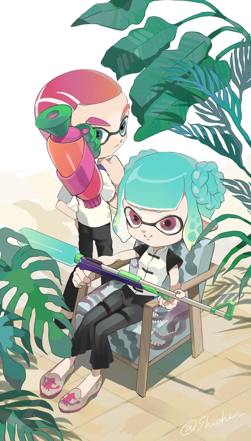 inkling player character and inkling girl (splatoon and 1 more) drawn by shiohi