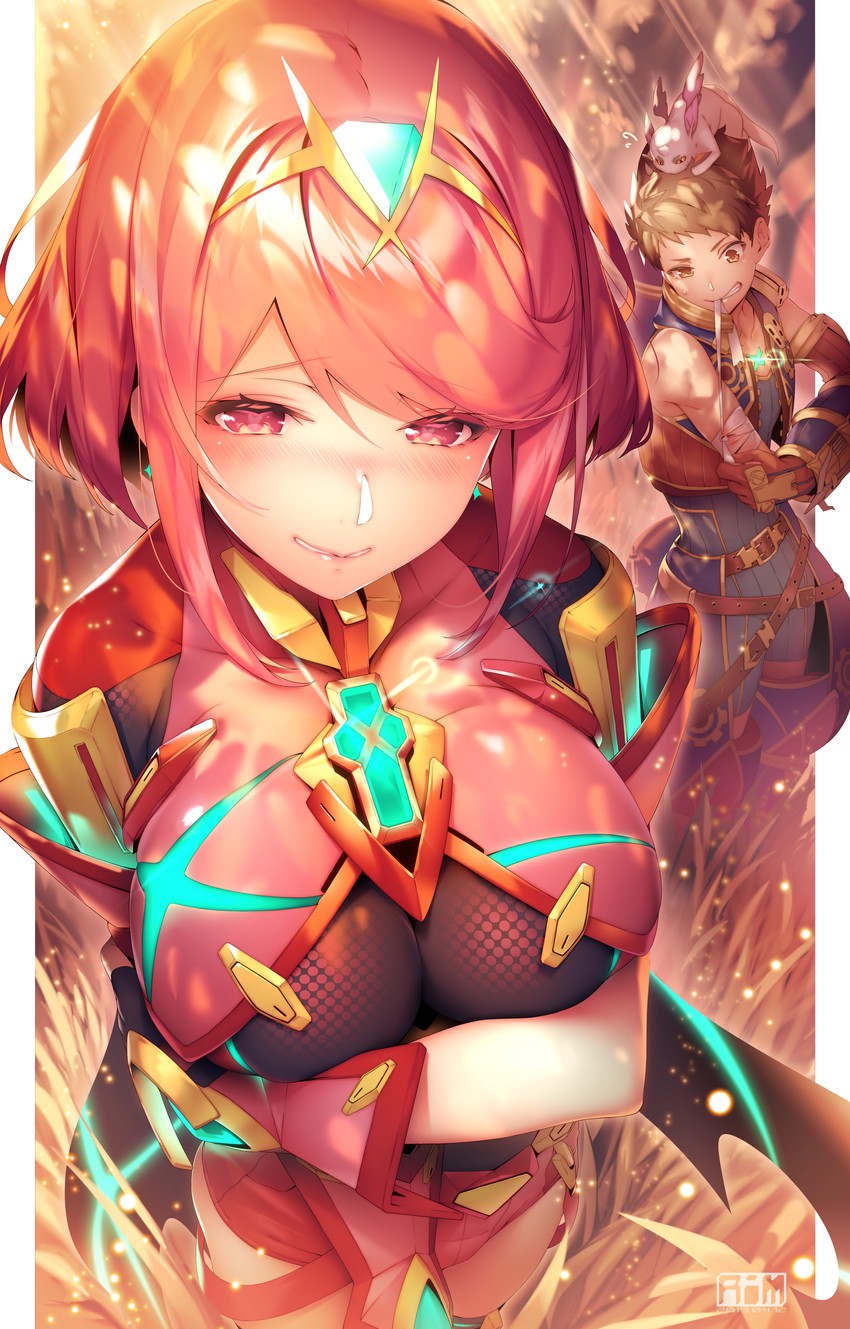 pyra, rex, and azurda (xenoblade chronicles and 1 more) drawn by ryuji_(ikeriu)