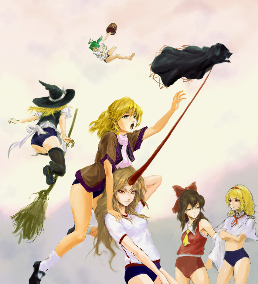 hakurei reimu, kirisame marisa, alice margatroid, mizuhashi parsee, hoshiguma yuugi, and 1 more (touhou)