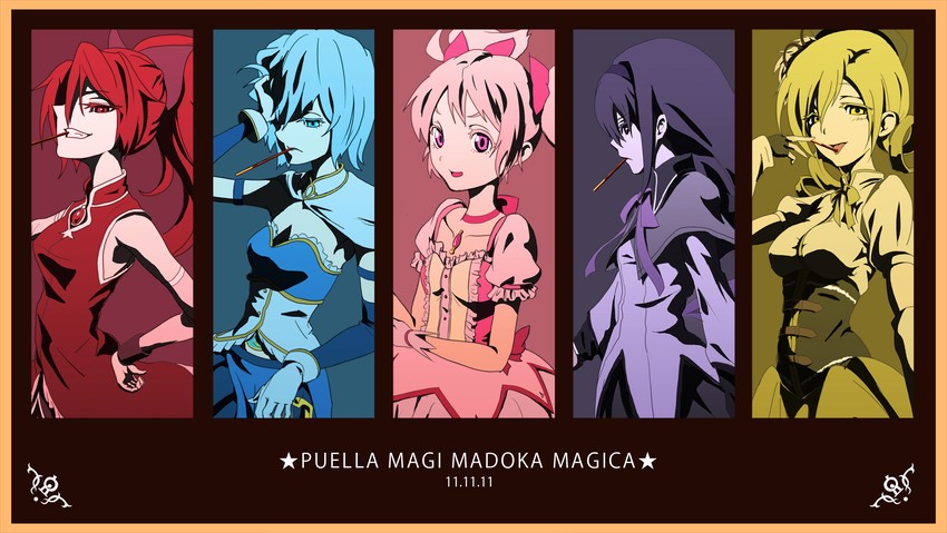 akemi homura, kaname madoka, miki sayaka, sakura kyoko, and tomoe mami (mahou shoujo madoka magica) drawn by s.h.v