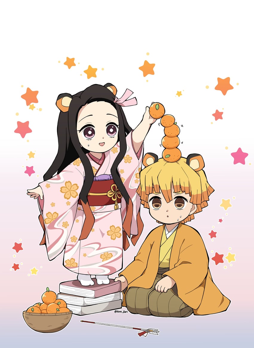 kamado nezuko and agatsuma zenitsu (kimetsu no yaiba) drawn by pori_(kmt_pori)