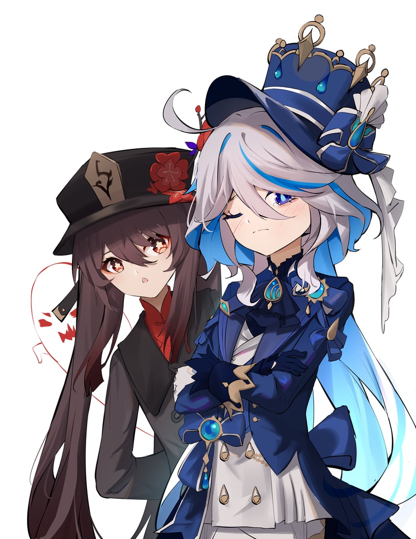hu tao, furina, and boo tao (genshin impact) drawn by qixia