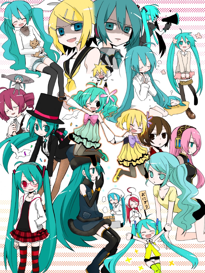 hatsune miku, kagamine rin, kagamine len, megurine luka, kasane teto, and 2 more (vocaloid and 8 more) drawn by niboshi