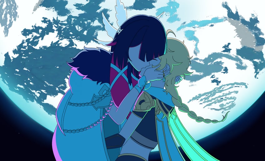 aether and columbina (genshin impact and 2 more) drawn by bakenekmoon