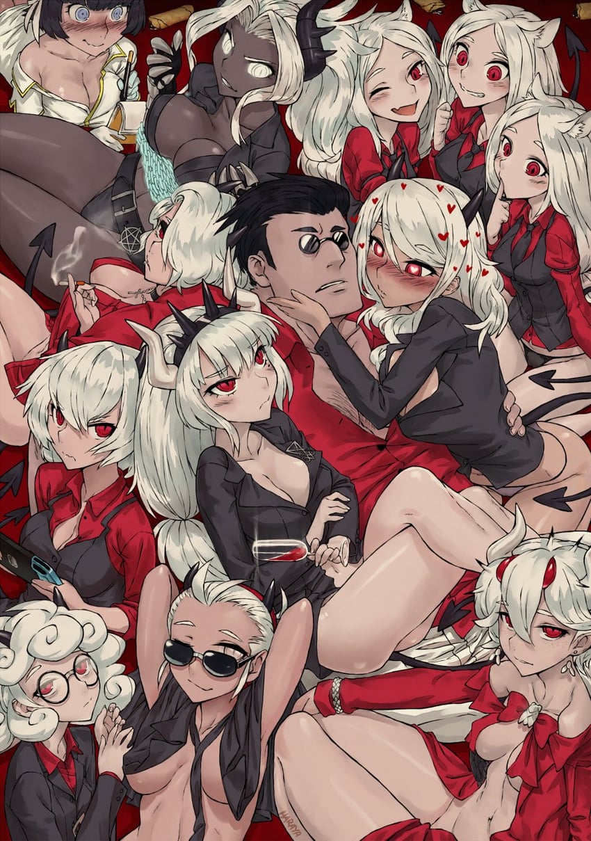lucifer, modeus, justice, helltaker, cerberus, and 6 more (helltaker) drawn by haraya_manawari