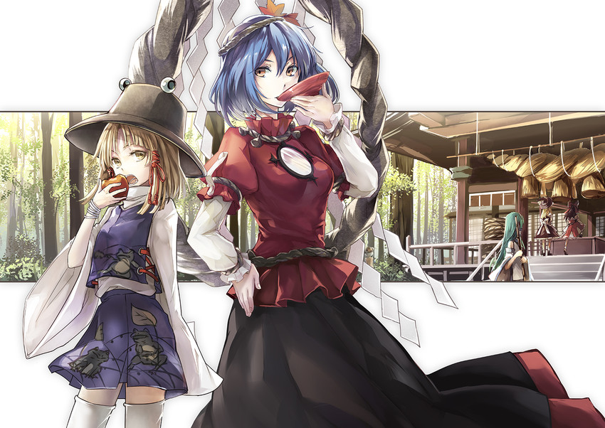 hakurei reimu, kirisame marisa, kochiya sanae, moriya suwako, and yasaka kanako (touhou) drawn by mitsu_(tendou_itsuki)