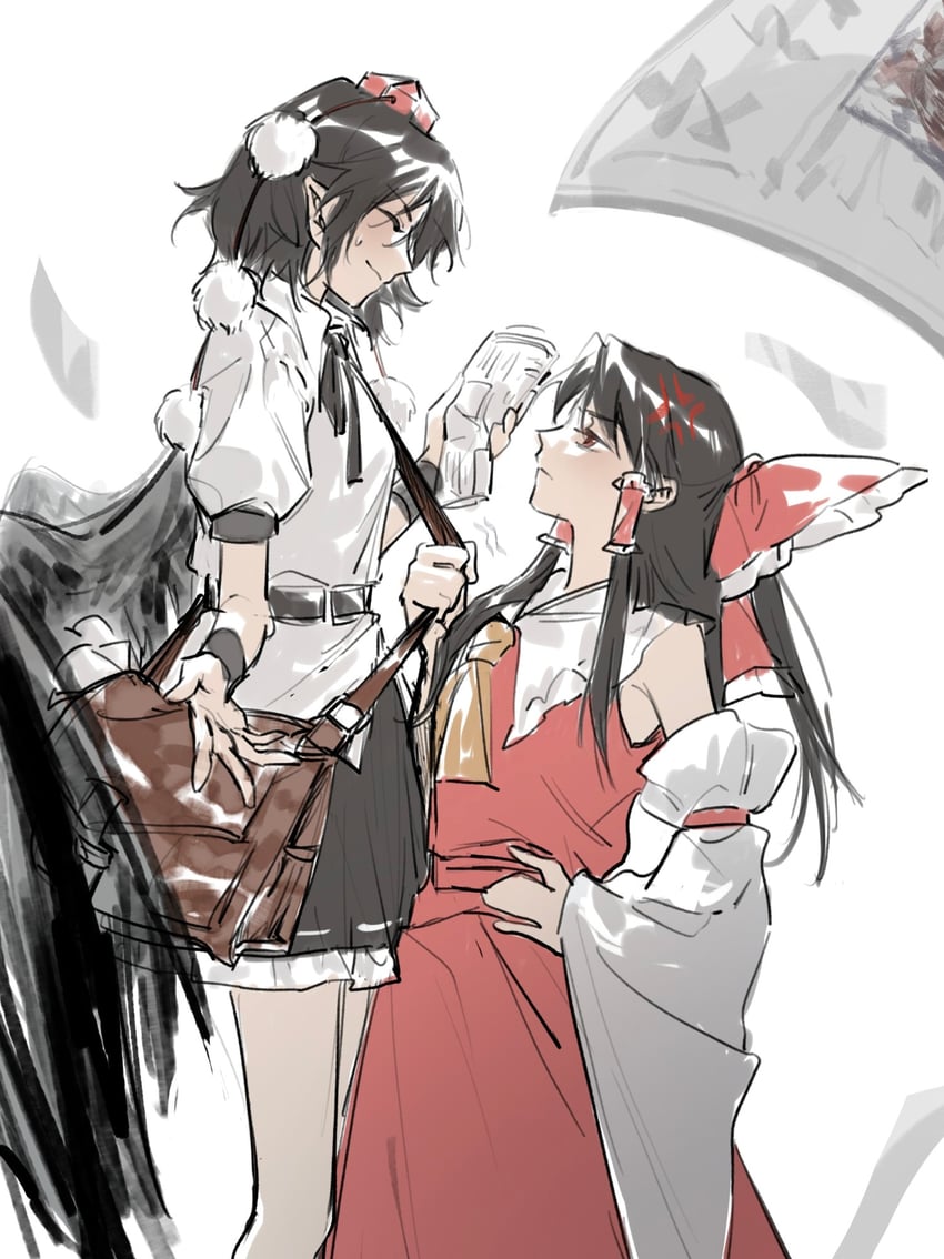 hakurei reimu and shameimaru aya (touhou) drawn by aihara-rina
