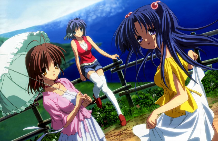 furukawa nagisa, ichinose kotomi, and fujibayashi ryou (clannad) drawn by ikeda_kazumi