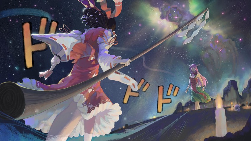 hakurei reimu, ibaraki kasen, and ibaraki douji (touhou and 4 more) drawn by teasmacker