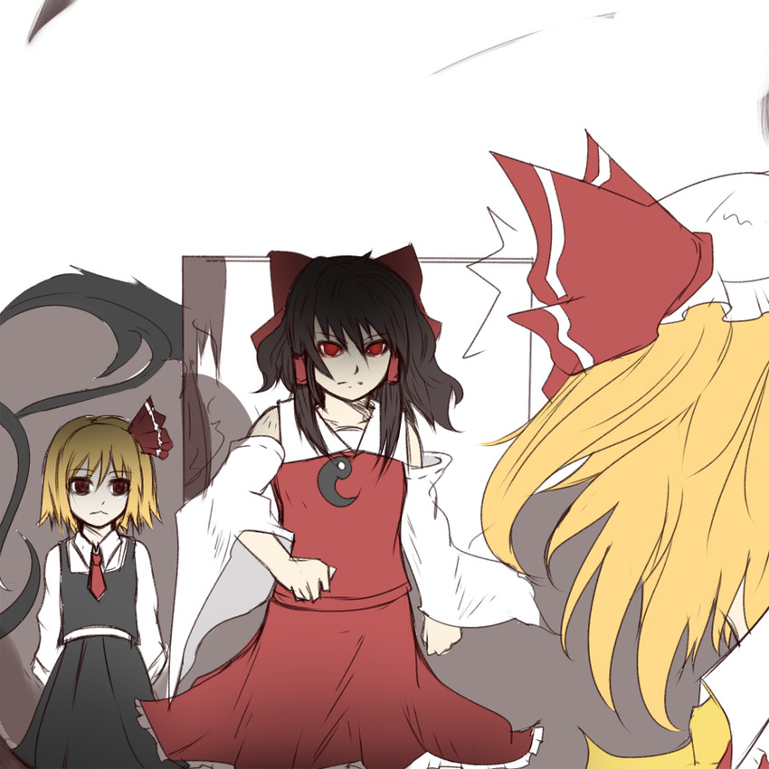 hakurei reimu, flandre scarlet, and rumia (touhou) drawn by sasaoka_tatsu