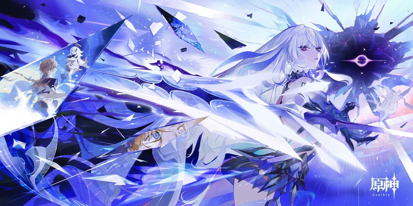 aether, paimon, skirk, and all-devouring narwhal (genshin impact) drawn by molatoliamu