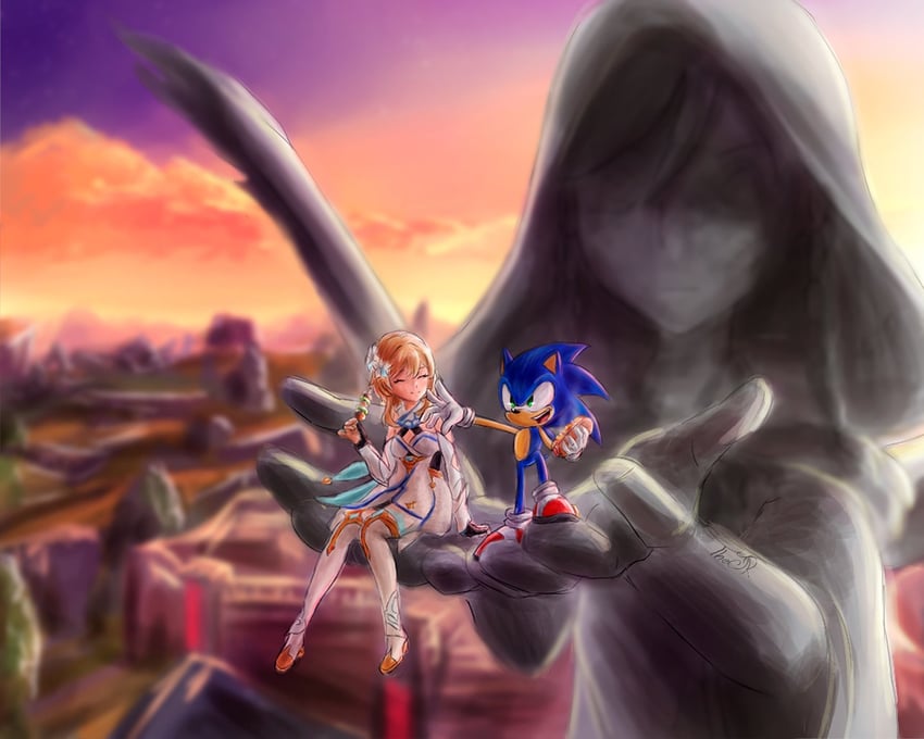 lumine and sonic the hedgehog (genshin impact and 1 more) drawn by thejr