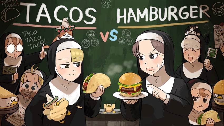 clumsy nun, froggy nun, spicy nun, sheep nun, glasses nun, and 1 more (little nuns) drawn by diva_(hyxpk)