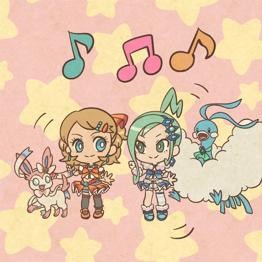 serena, sylveon, altaria, and lisia (pokemon and 1 more) drawn by mojacookie