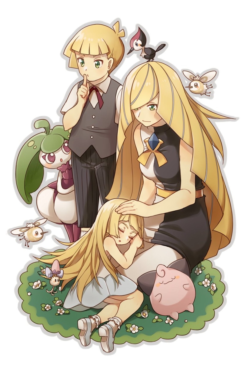 lillie, lusamine, gladion, cutiefly, cleffa, and 3 more (pokemon and 1 more) drawn by platinum_(o0baijin0o)