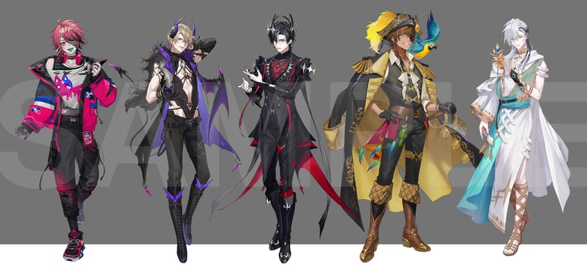 lucien lunaris, rosco graves, cassian floros, zander netherbrand, and gale galleon (first stage production) drawn by namakawa