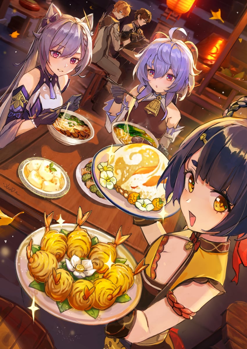 ganyu, zhongli, keqing, tartaglia, and xiangling (genshin impact) drawn by xude
