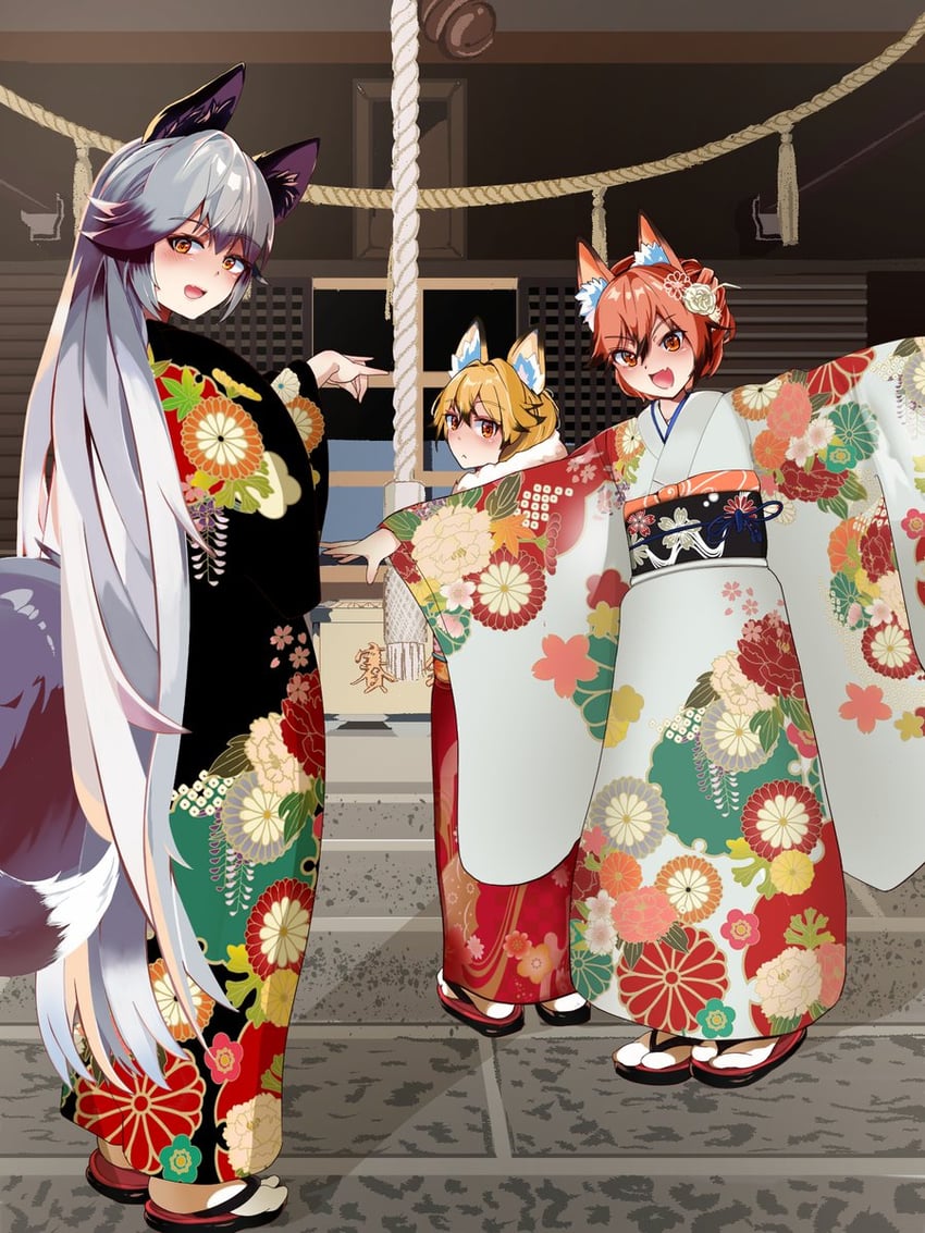 silver fox, ezo red fox, and red fox (kemono friends) drawn by artistkitune19